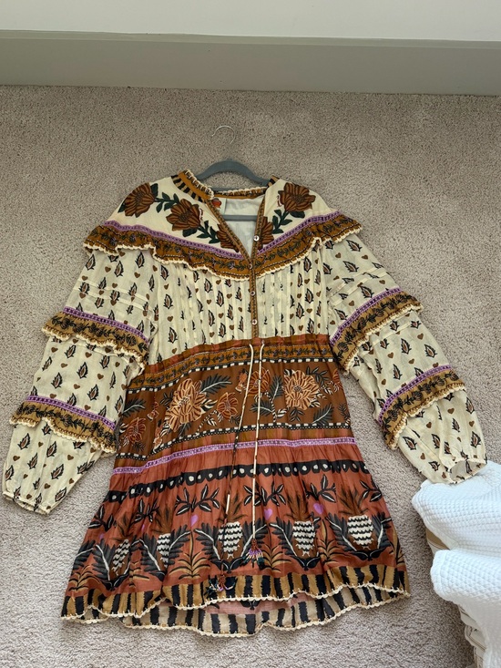 FARM Rio Dresses & Skirts - FARM Rio Cream, Rust & Purple Floral Tiered Long-Sleeve Mini Dress